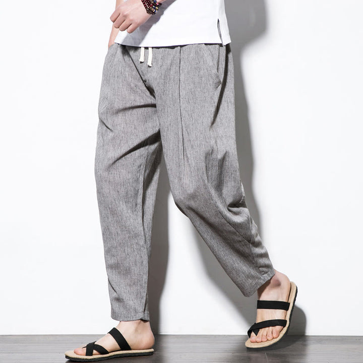 Buddha Stones Casual Plain Pleated Design Drawstring Men's Long Cotton Linen Harem Pants With Pockets