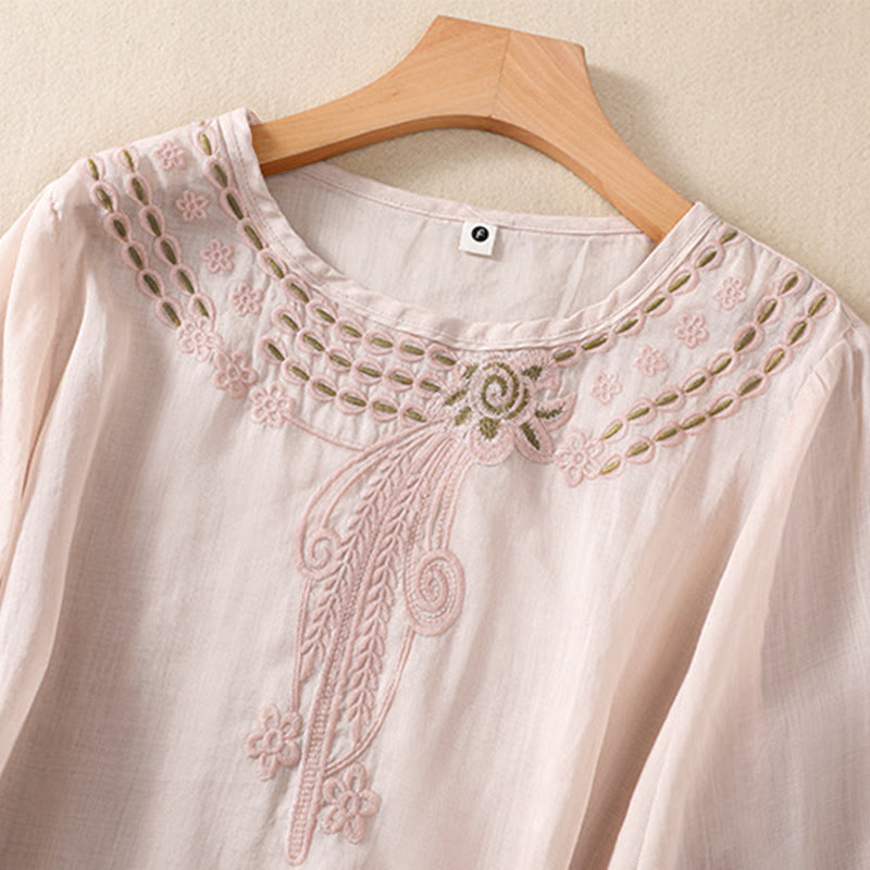 Buddha Stones Women's Crew Neck Hollow Design Half Sleeve Cotton Linen Shirt - image 3