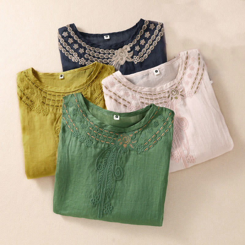 Buddha Stones Women's Crew Neck Hollow Design Half Sleeve Cotton Linen Shirt - image 25