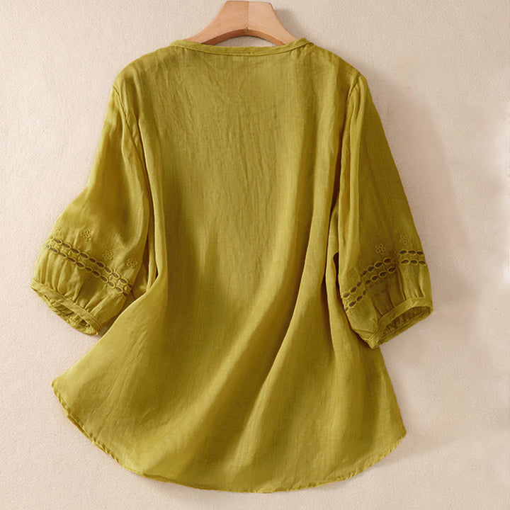 Buddha Stones Women's Crew Neck Hollow Design Half Sleeve Cotton Linen Shirt - image 15