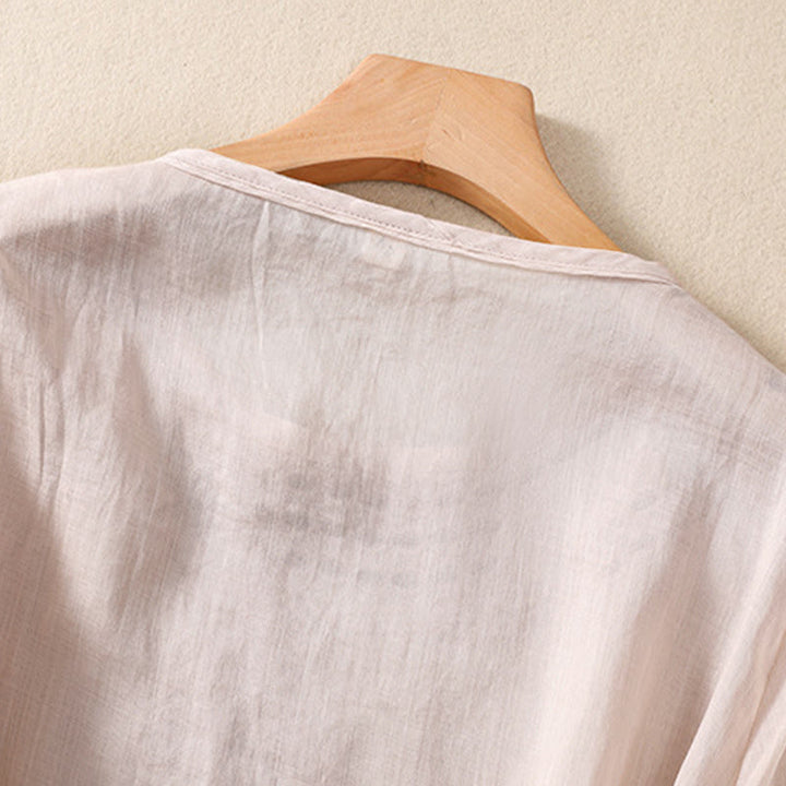 Buddha Stones Women's Crew Neck Hollow Design Half Sleeve Cotton Linen Shirt - image 5