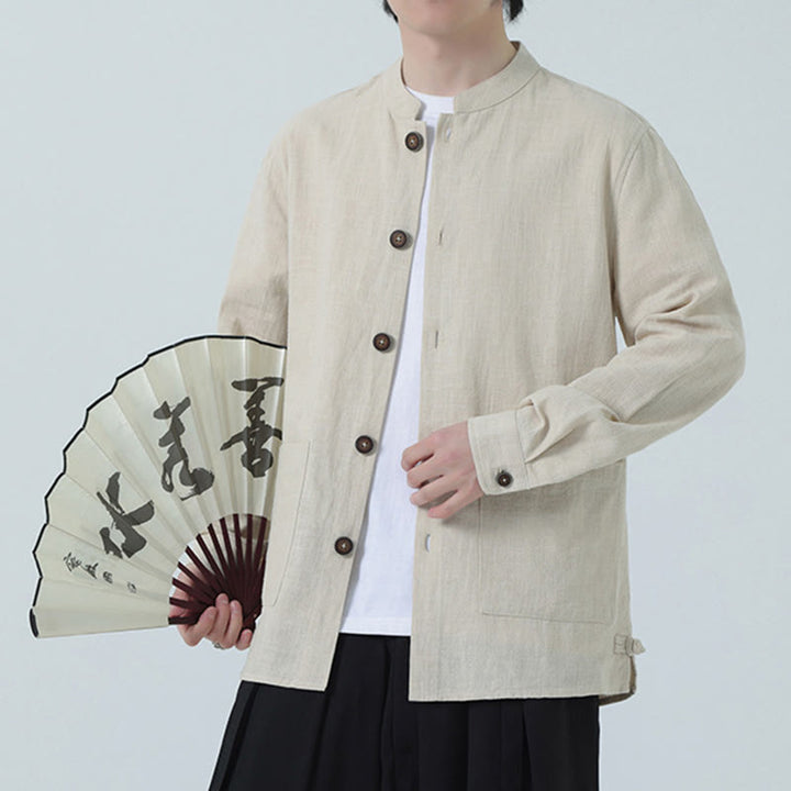 Buddha Stones Men's Button Ramie Linen Cotton Fleece Lined Jacket Shirt With Pockets - Linen - US/UK/AU46，EU56 (5XL) - image 7