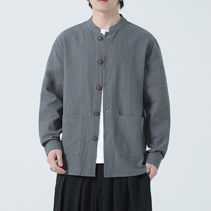 Buddha Stones Men's Button Ramie Linen Cotton Fleece Lined Jacket Shirt With Pockets - image 0