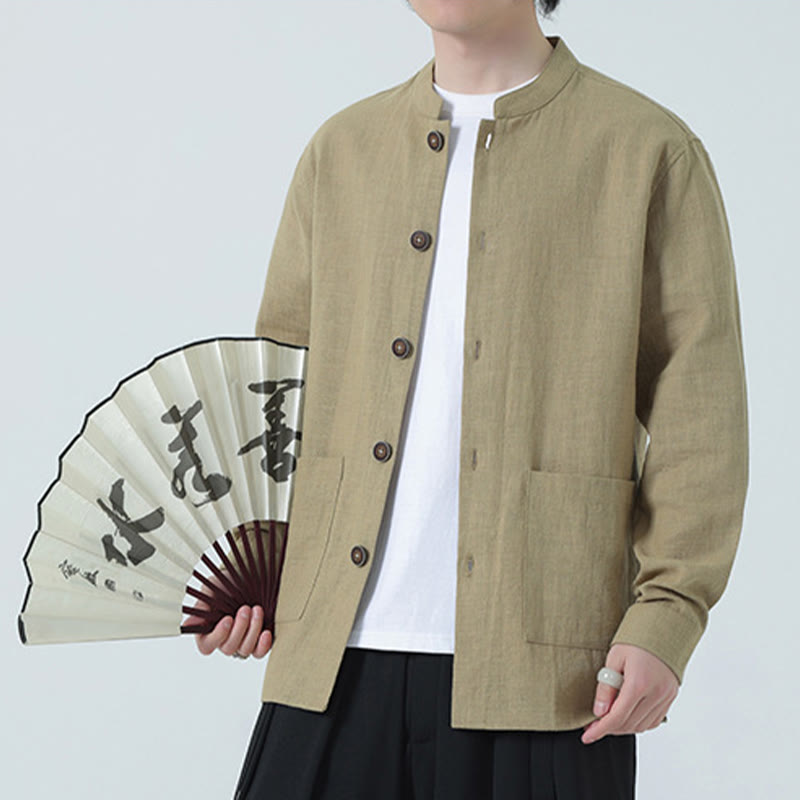 Buddha Stones Men's Button Ramie Linen Cotton Fleece Lined Jacket Shirt With Pockets - PaleGoldenrod - US/UK/AU46，EU56 (5XL) - image 26