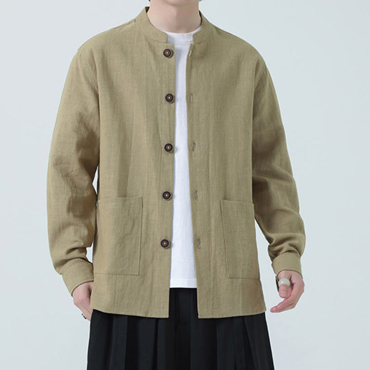 Buddha Stones Men's Button Ramie Linen Cotton Fleece Lined Jacket Shirt With Pockets - image 31