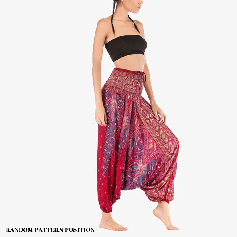Buddha Stones Two Style Wear Feathers Geometric Pattern Loose Smocked Trousers Jumpsuit Women's Yoga Pants - image 2
