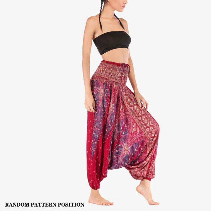 Buddha Stones Two Style Wear Feathers Geometric Pattern Loose Smocked Trousers Jumpsuit Women's Yoga Pants - image 2