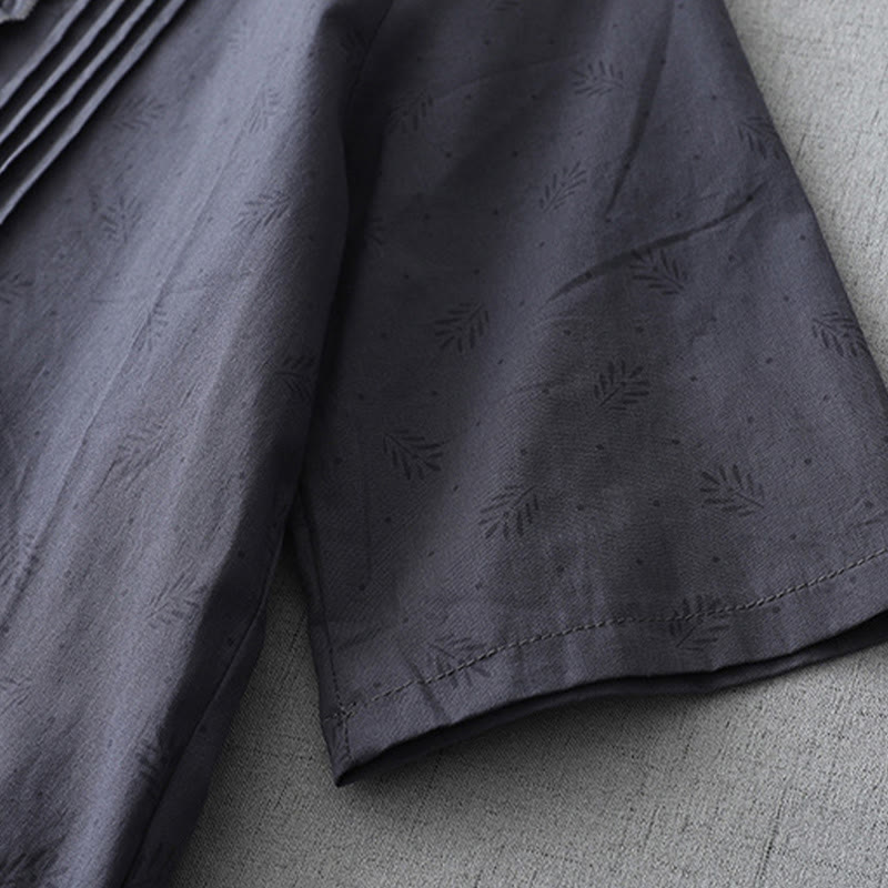 Buddha Stones Casual Retro Solid Color Button Ruffled Crew Neck Design Short Sleeve Cotton Linen Midi Dress With Pockets - image 5