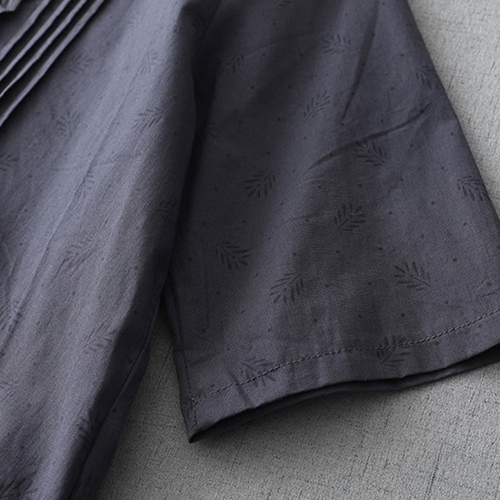 Buddha Stones Casual Retro Solid Color Button Ruffled Crew Neck Design Short Sleeve Cotton Linen Midi Dress With Pockets - image 5