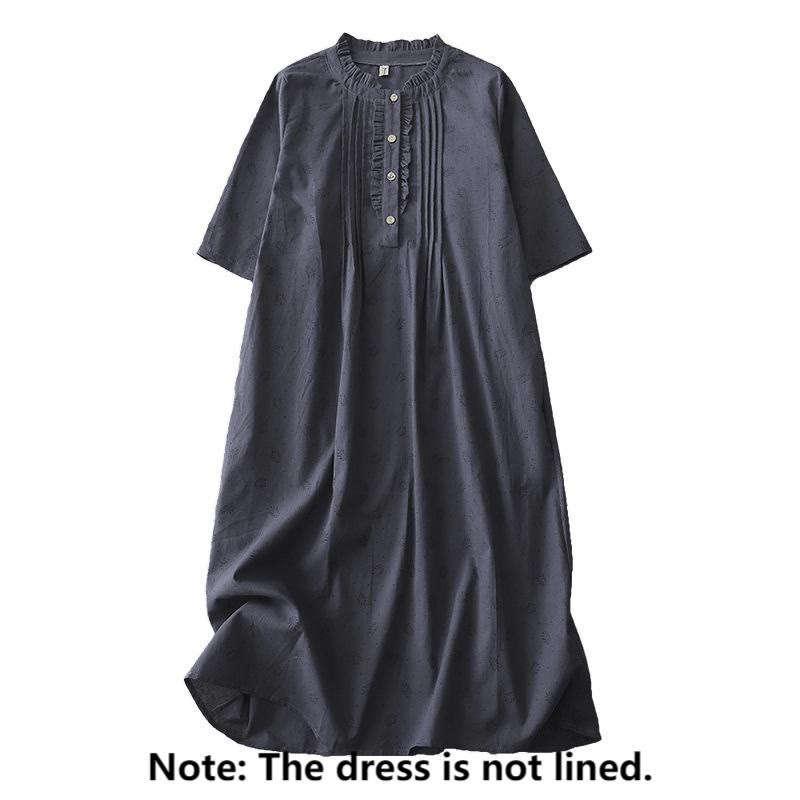 Buddha Stones Casual Retro Solid Color Button Ruffled Crew Neck Design Short Sleeve Cotton Linen Midi Dress With Pockets - image 1