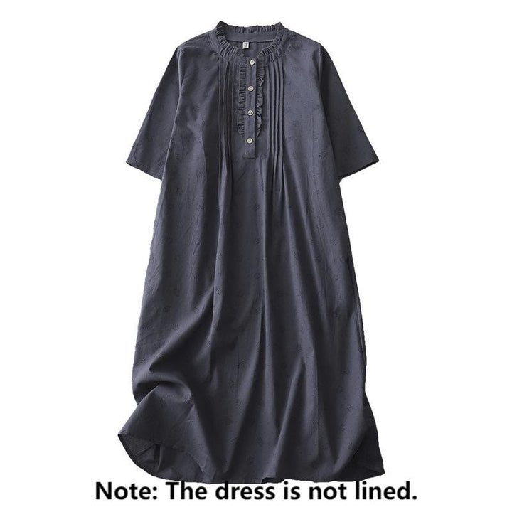 Buddha Stones Casual Retro Solid Color Button Ruffled Crew Neck Design Short Sleeve Cotton Linen Midi Dress With Pockets - image 1