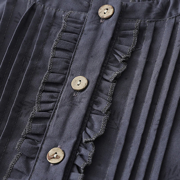 Buddha Stones Casual Retro Solid Color Button Ruffled Crew Neck Design Short Sleeve Cotton Linen Midi Dress With Pockets - image 3