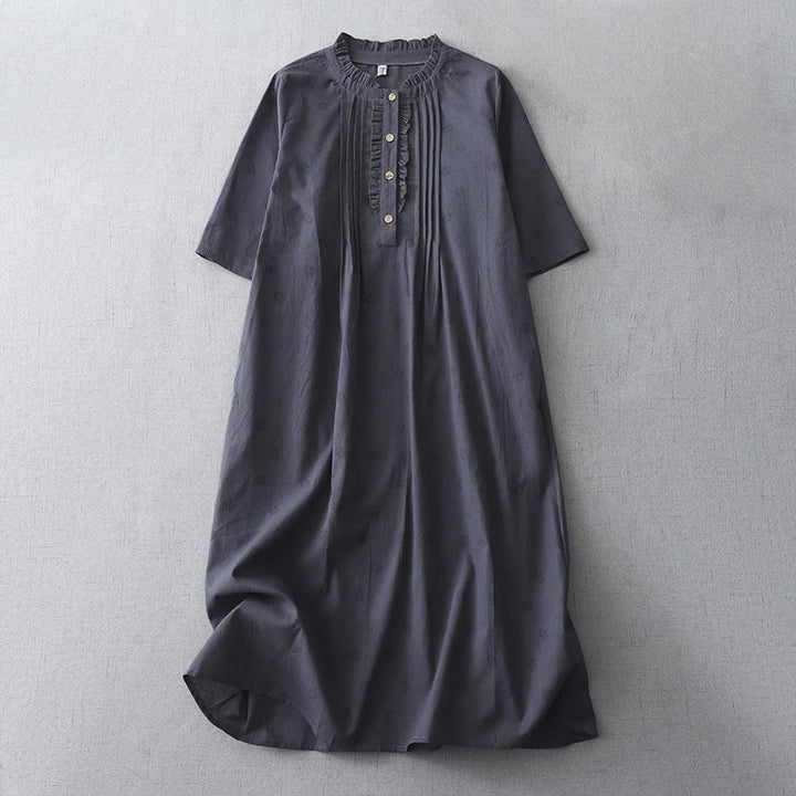 Buddha Stones Casual Retro Solid Color Button Ruffled Crew Neck Design Short Sleeve Cotton Linen Midi Dress With Pockets - MidnightBlue - US8-10，UK/AU12-14，EU40-42 (2XL) - image 0