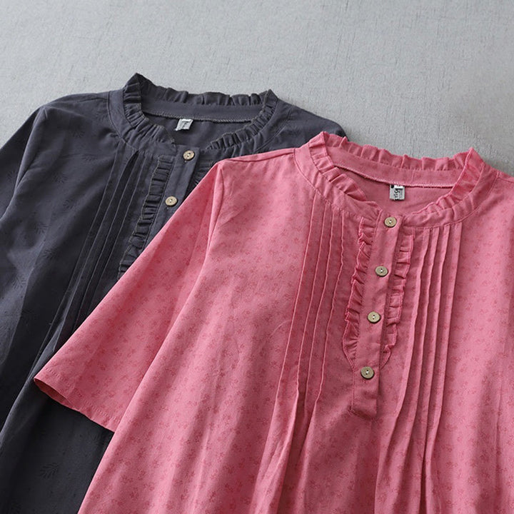 Buddha Stones Casual Retro Solid Color Button Ruffled Crew Neck Design Short Sleeve Cotton Linen Midi Dress With Pockets - image 17