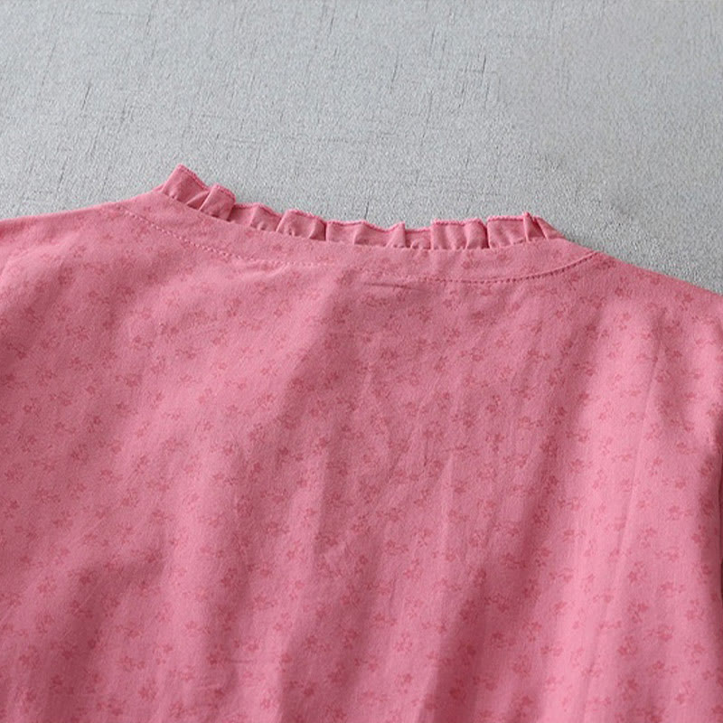 Buddha Stones Casual Retro Solid Color Button Ruffled Crew Neck Design Short Sleeve Cotton Linen Midi Dress With Pockets - image 10