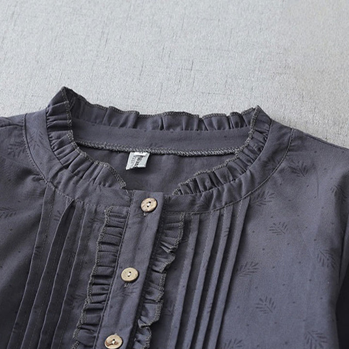 Buddha Stones Casual Retro Solid Color Button Ruffled Crew Neck Design Short Sleeve Cotton Linen Midi Dress With Pockets - image 2