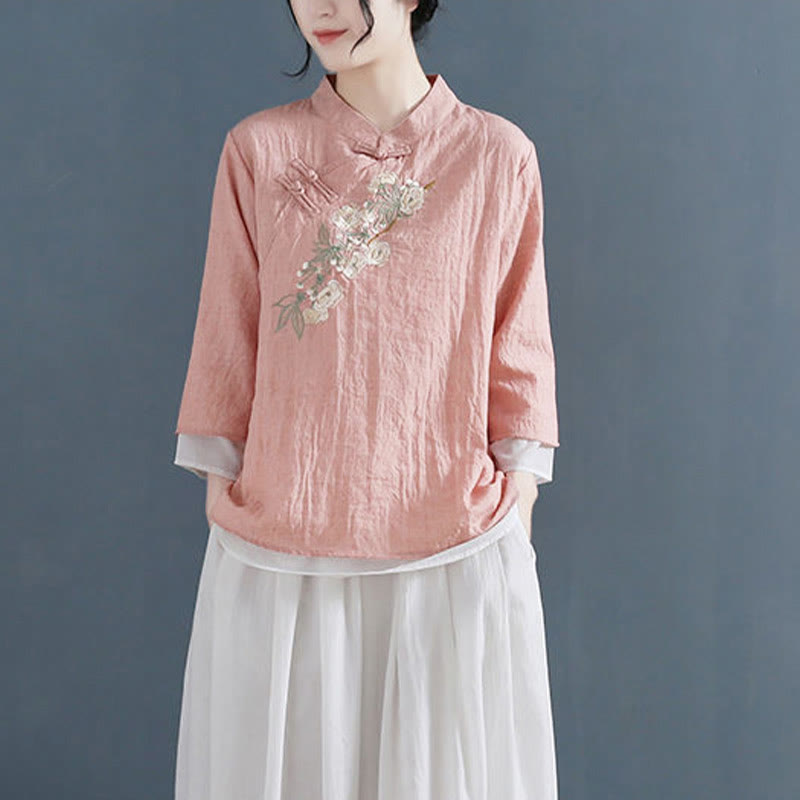 Buddha Stones Flower Embroidery Three Quarter Sleeve Frog-Button Mandarin Collar Cotton Linen Women's Shirt - image 2