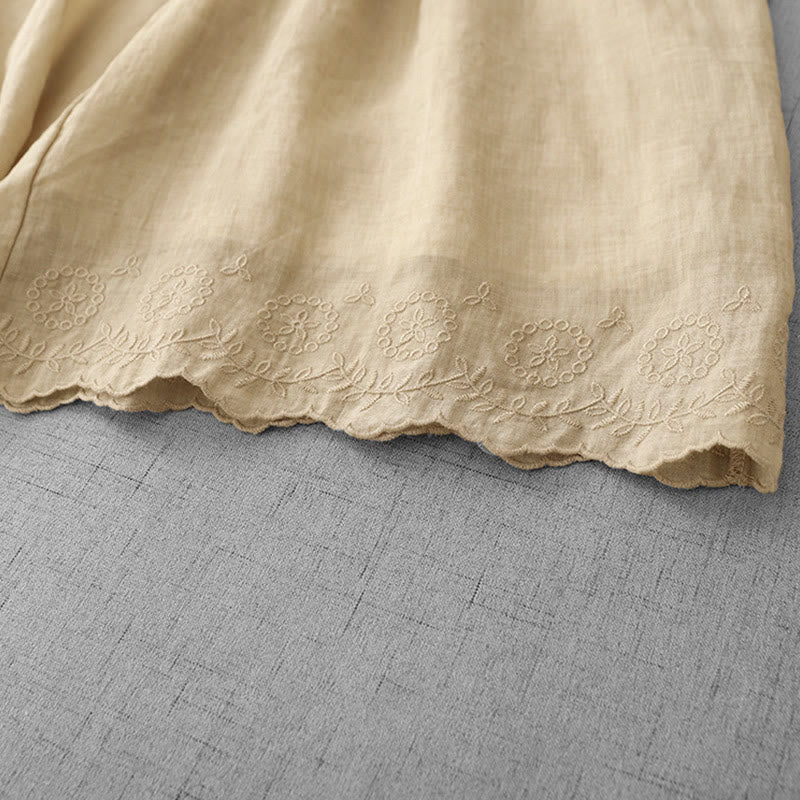 Buddha Stones Commute Solid Color Lace Embroidery Design Cotton Women's Wide Leg Cropped Pants With Pockets - image 21