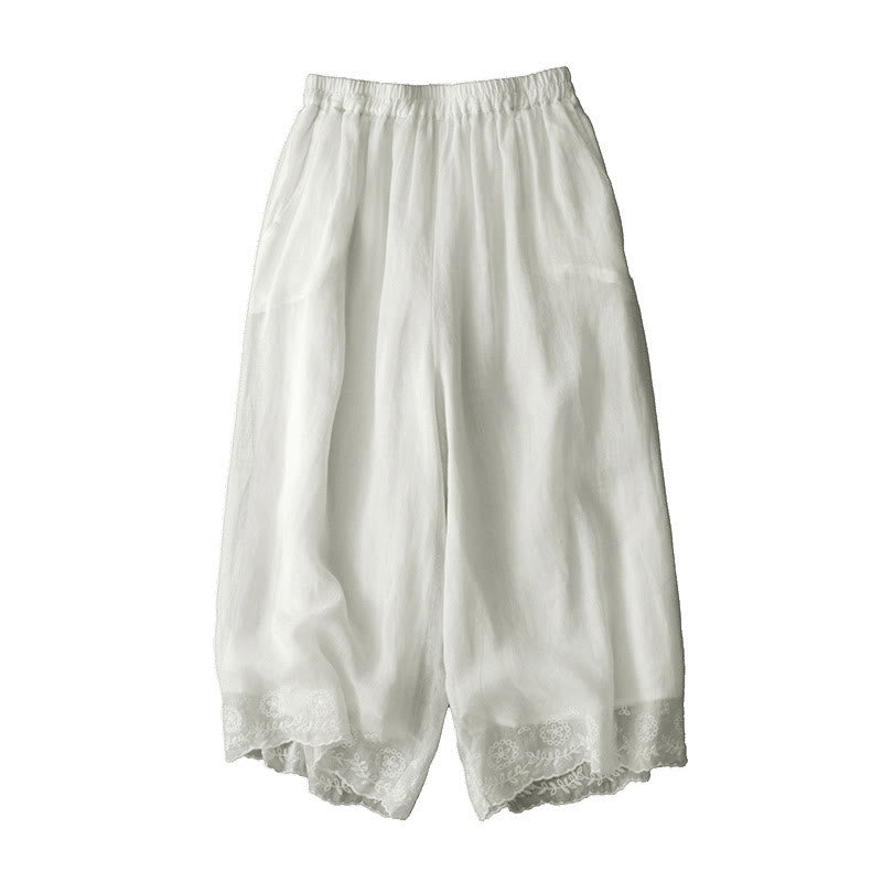 Buddha Stones Commute Solid Color Lace Embroidery Design Cotton Women's Wide Leg Cropped Pants With Pockets - image 7