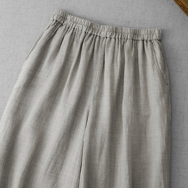 Buddha Stones Commute Solid Color Lace Embroidery Design Cotton Women's Wide Leg Cropped Pants With Pockets - image 9