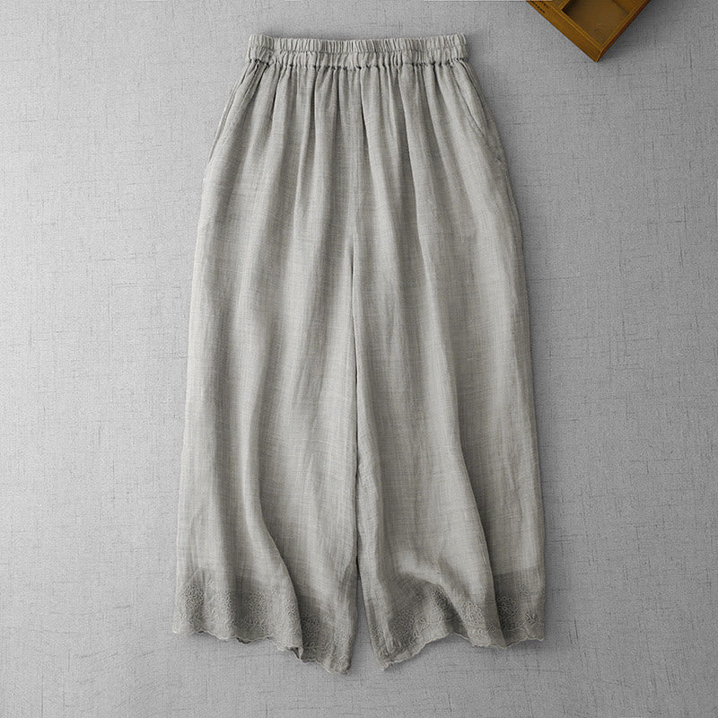 Buddha Stones Commute Solid Color Lace Embroidery Design Cotton Women's Wide Leg Cropped Pants With Pockets - DarkGray - US8-10，UK/AU12-14，EU40-42 (2XL) - image 8