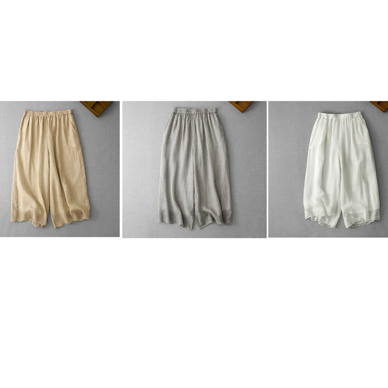 Buddha Stones Commute Solid Color Lace Embroidery Design Cotton Women's Wide Leg Cropped Pants With Pockets - image 26