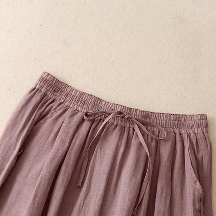 Buddha Stones Commute Solid Color Embroidery Drawstring Women's Wide Leg Ankle-Length Cotton Pants With Pockets - image 17