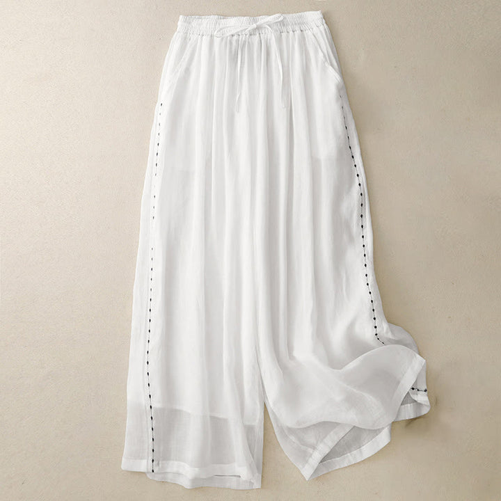 Buddha Stones Commute Solid Color Embroidery Drawstring Women's Wide Leg Ankle-Length Cotton Pants With Pockets - White - US8-10，UK/AU12-14，EU40-42 (2XL) - image 8