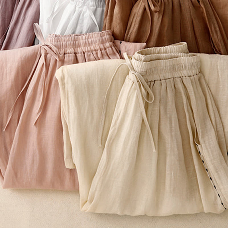 Buddha Stones Commute Solid Color Embroidery Drawstring Women's Wide Leg Ankle-Length Pants With Pockets - image 24