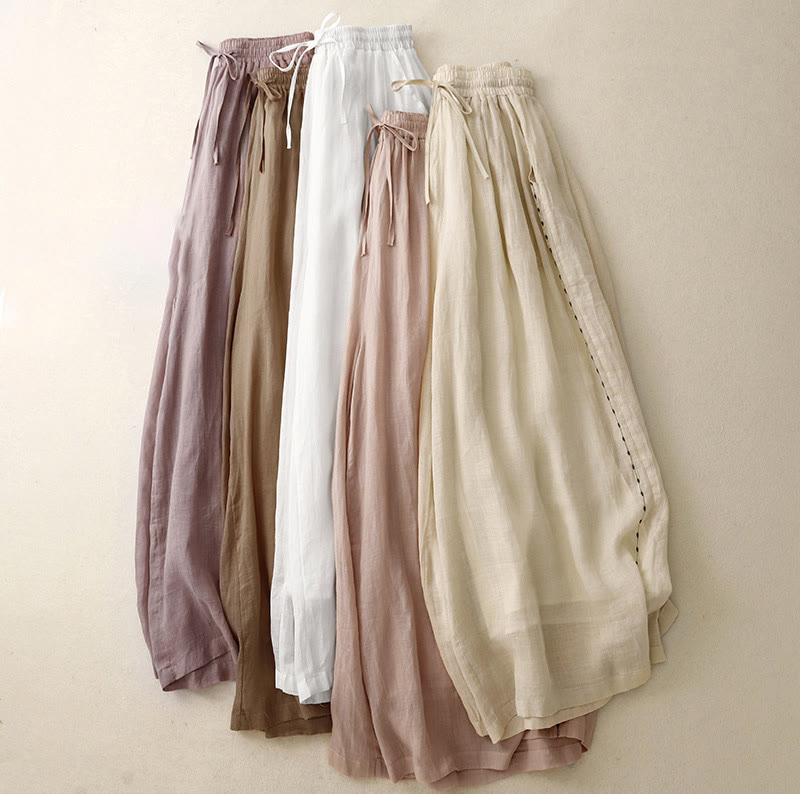 Buddha Stones Commute Solid Color Embroidery Drawstring Women's Wide Leg Ankle-Length Cotton Pants With Pockets - image 23