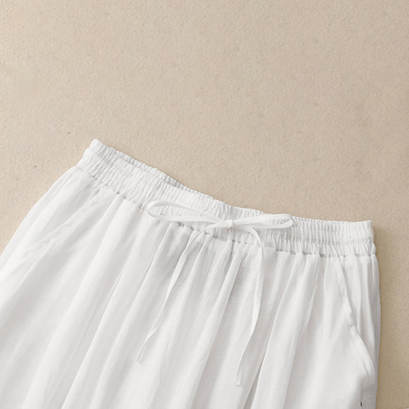 Buddha Stones Commute Solid Color Embroidery Drawstring Women's Wide Leg Ankle-Length Cotton Pants With Pockets - image 9