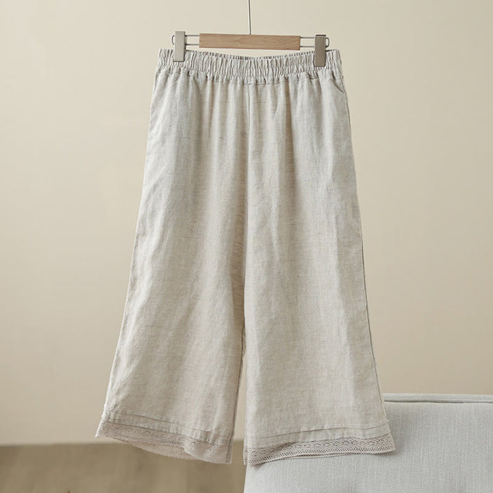 Buddha Stones Commute Retro Plain Lace Patchwork Design 7-8 Length Women's Wide Leg Cotton Pants With Pockets - Linen - US8-10，UK/AU12-14，EU40-42 (2XL) - image 0