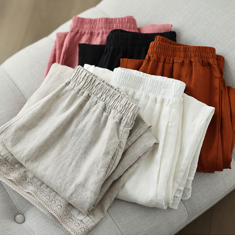 Buddha Stones Commute Retro Plain Lace Patchwork Design 7-8 Length Women's Wide Leg Cotton Pants With Pockets - image 28
