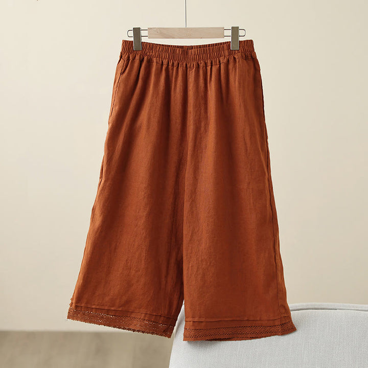 Buddha Stones Commute Retro Plain Lace Patchwork Design 7-8 Length Women's Wide Leg Cotton Pants With Pockets - Chocolate - US8-10，UK/AU12-14，EU40-42 (2XL) - image 14