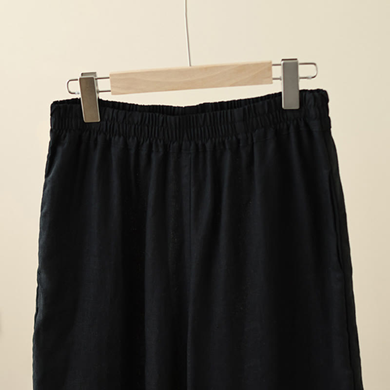 Buddha Stones Commute Retro Plain Lace Patchwork Design 7-8 Length Women's Wide Leg Cotton Pants With Pockets - image 24