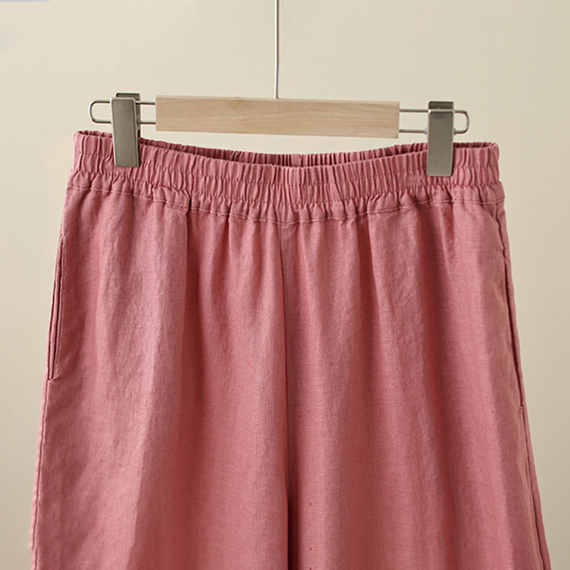 Buddha Stones Commute Retro Plain Lace Patchwork Design 7-8 Length Women's Wide Leg Cotton Pants With Pockets