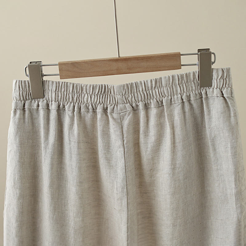 Buddha Stones Commute Retro Plain Lace Patchwork Design 7-8 Length Women's Wide Leg Cotton Pants With Pockets