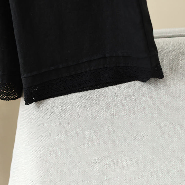 Buddha Stones Commute Retro Plain Lace Patchwork Design 7-8 Length Women's Wide Leg Cotton Pants With Pockets - image 26