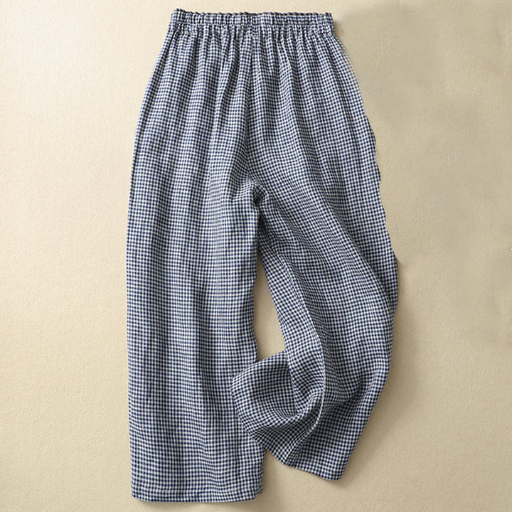 Buddha Stones Commute Casual Checkered Pattern 7-8 Length Women's Wide Leg Cotton Linen Pants With Pockets