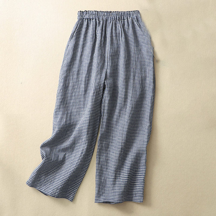 Buddha Stones Commute Casual Checkered Pattern 7-8 Length Women's Wide Leg Cotton Linen Pants With Pockets