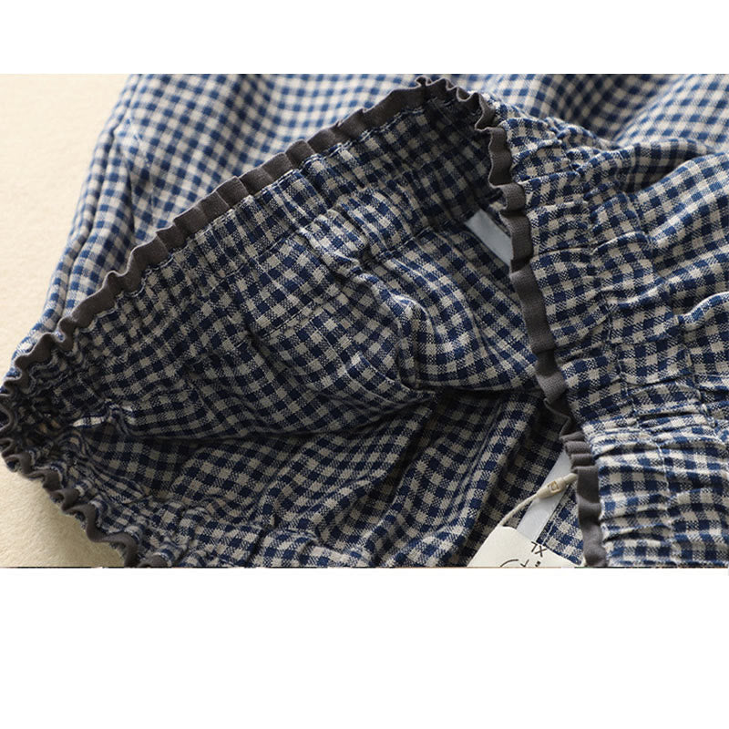 Buddha Stones Commute Casual Checkered Pattern 7-8 Length Women's Wide Leg Cotton Linen Pants With Pockets