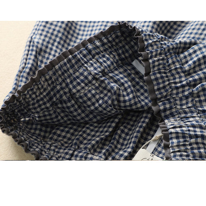 Buddha Stones Commute Casual Checkered Pattern 7-8 Length Women's Wide Leg Cotton Linen Pants With Pockets