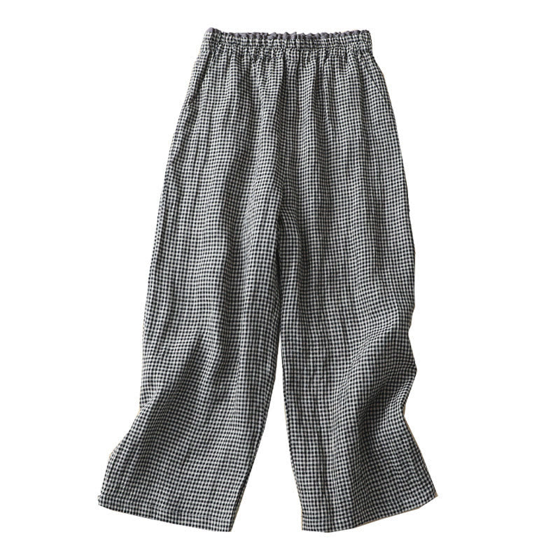 Buddha Stones Commute Casual Checkered Pattern 7-8 Length Women's Wide Leg Cotton Linen Pants With Pockets