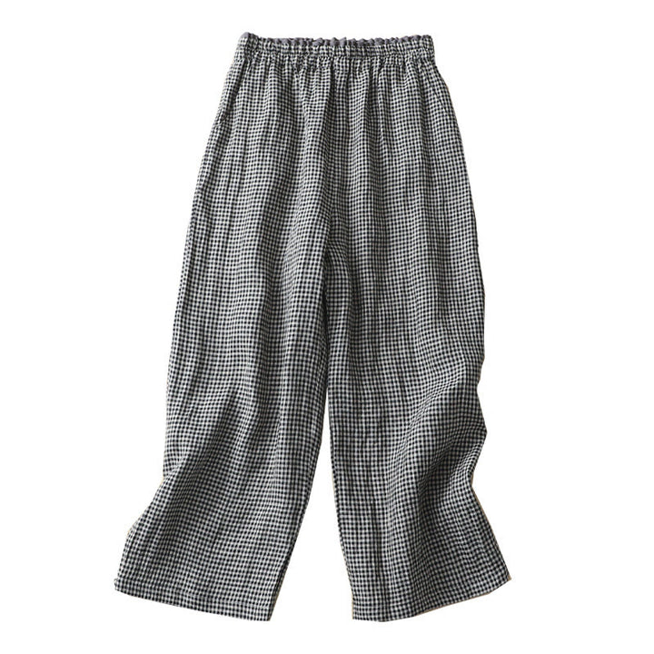 Buddha Stones Commute Casual Checkered Pattern 7-8 Length Women's Wide Leg Cotton Linen Pants With Pockets