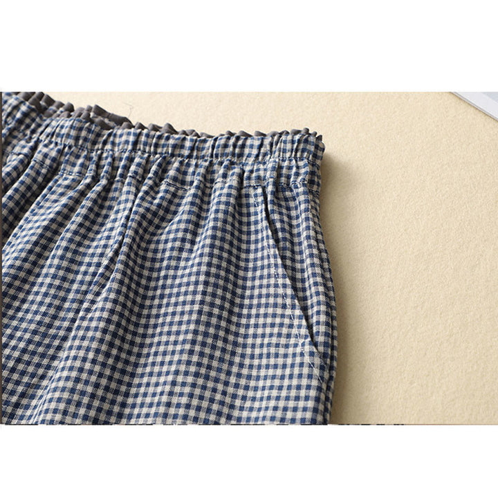 Buddha Stones Commute Casual Checkered Pattern 7-8 Length Women's Wide Leg Cotton Linen Pants With Pockets