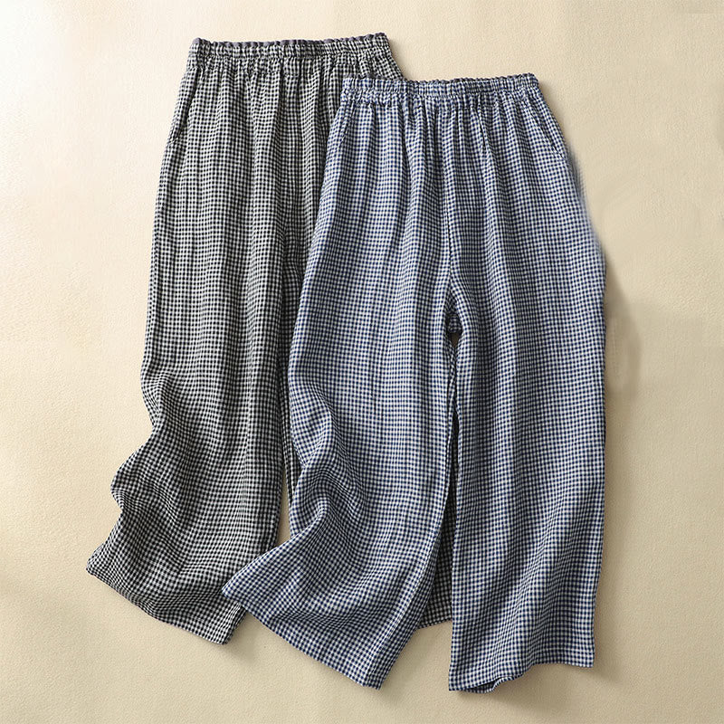 Buddha Stones Commute Casual Checkered Pattern 7-8 Length Women's Wide Leg Cotton Linen Pants With Pockets