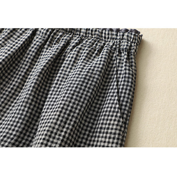 Buddha Stones Commute Casual Checkered Pattern 7-8 Length Women's Wide Leg Cotton Linen Pants With Pockets