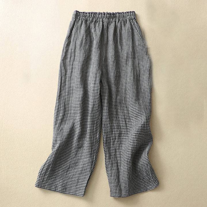 Buddha Stones Commute Casual Checkered Pattern 7-8 Length Women's Wide Leg Cotton Linen Pants With Pockets