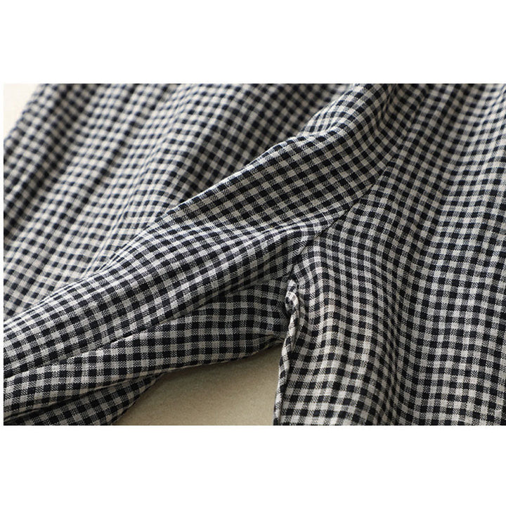 Buddha Stones Commute Casual Checkered Pattern 7-8 Length Women's Wide Leg Cotton Linen Pants With Pockets