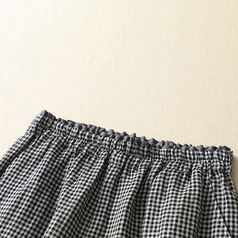 Buddha Stones Commute Casual Checkered Pattern 7-8 Length Women's Wide Leg Cotton Linen Pants With Pockets
